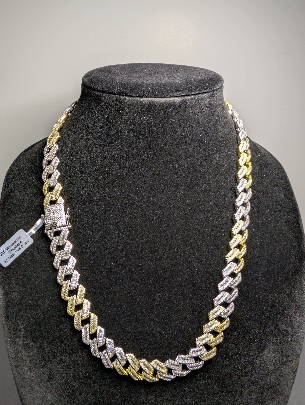 Two Tone Gold over 925 Silver 22" 14mm VVS D Moissanite Monaco Cuban Necklace
