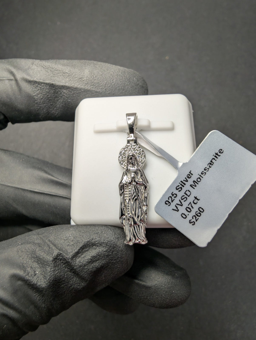 Solid 925 Silver GRA Certified Moissanite Virgin Mary Lady of Guadalupe Pendant