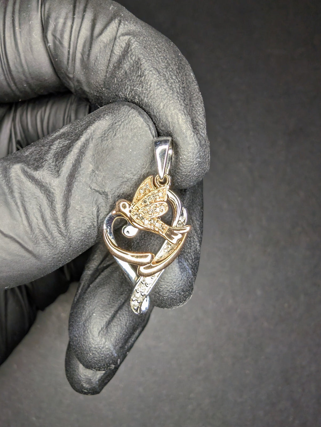 Vintage Solid 10k Rose and White Gold Heart and Dove Pendant w/ Natural Diamonds