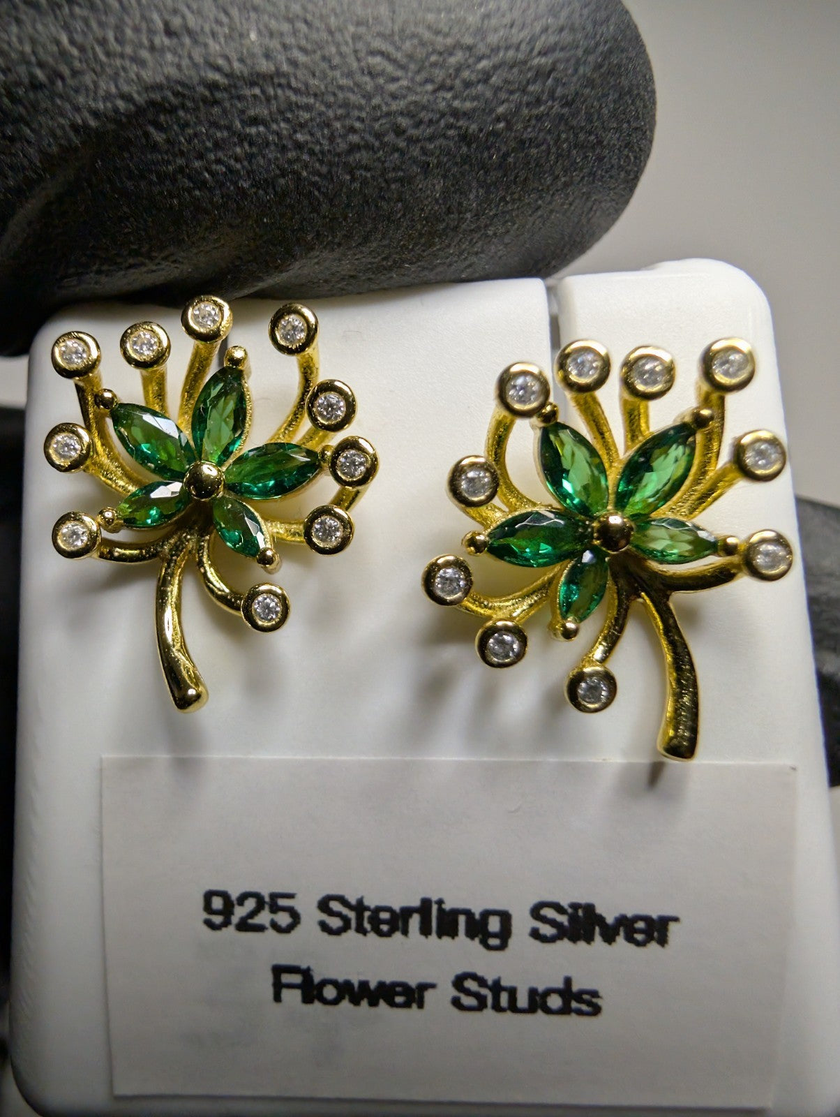Gold over Solid 925 Sterling Silver Green Star Flower Stud Earrings