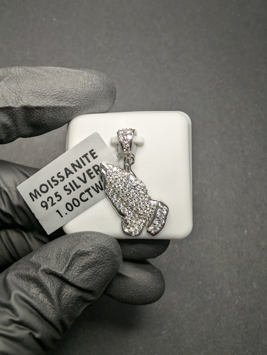 Solid 925 Sterling Silver Iced Out VVS D Moissanite Prayer Hands Pendant