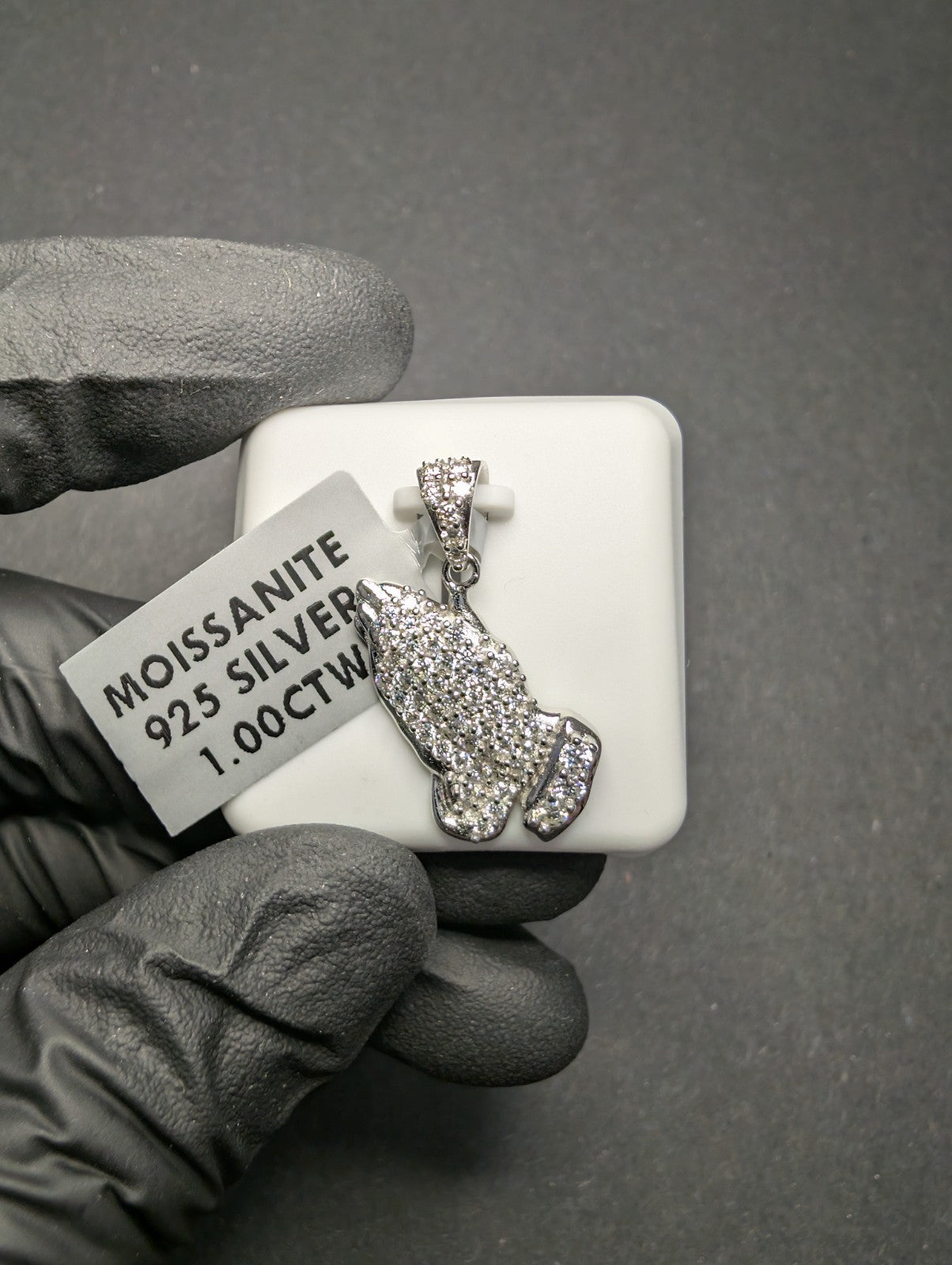 Solid 925 Sterling Silver Iced Out VVS D Moissanite Prayer Hands Pendant