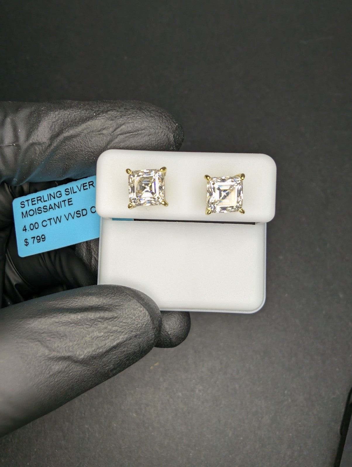 Gold over Solid 925 Silver VVS D 8.0mm Moissanite Asscher Cut Solitaire Studs