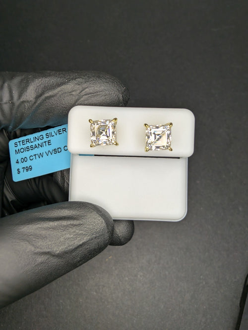 Gold over Solid 925 Silver VVS D 8.0mm Moissanite Asscher Cut Solitaire Studs