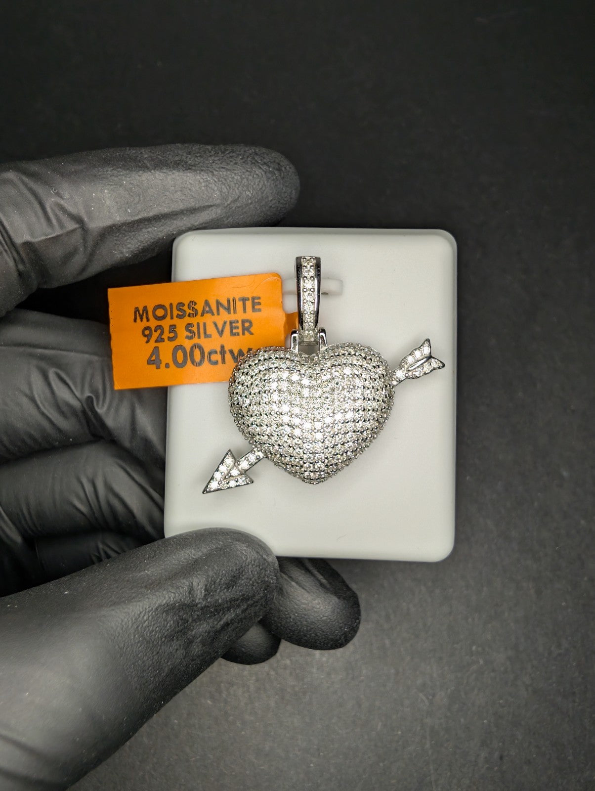 Solid 925 Sterling Silver Iced Out VVS D Color Moissanite Heart & Arrow Pendant
