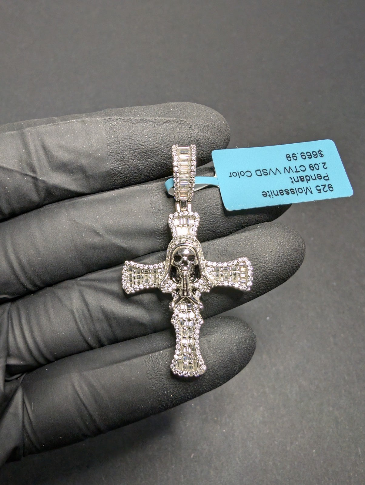 Solid 925 Silver VVS D Baguette and Round Moissanite Santa Muerte Cross Pendant