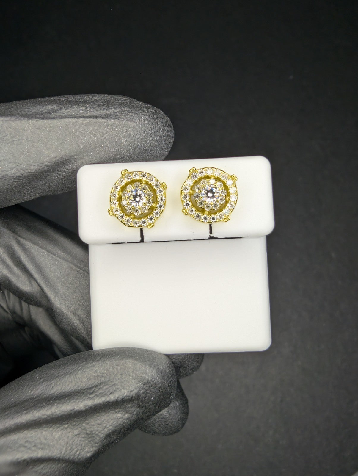 Gold over 925 Sterling Silver VVS D Moissanite 9.3mm Step Up Double Halo Studs