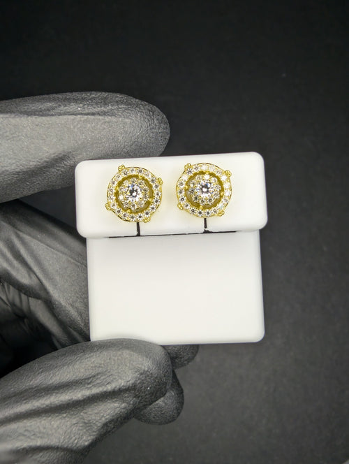 Gold over 925 Sterling Silver VVS D Moissanite 9.3mm Step Up Double Halo Studs