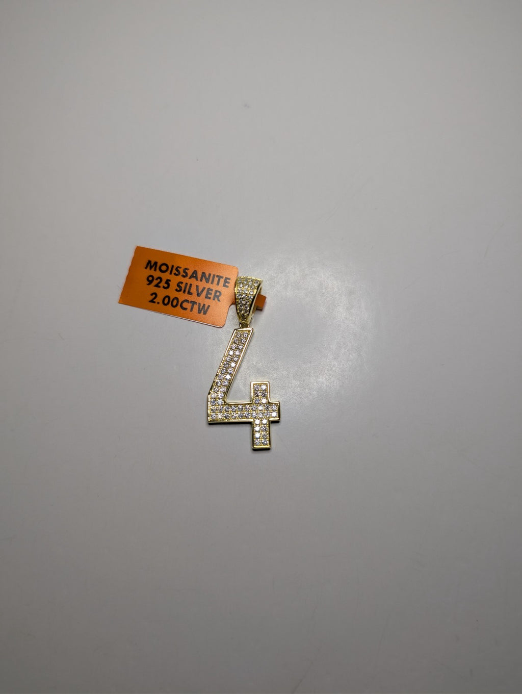 Gold over Solid 925 Silver Iced Out VVS D Color Moissanite Number 4 Pendant