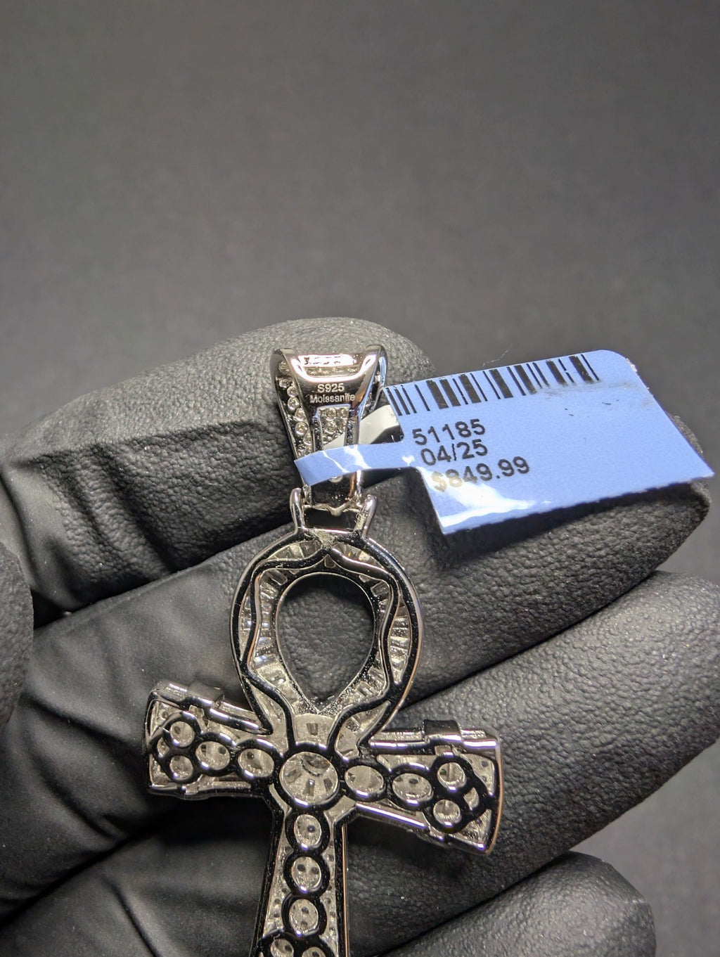 Solid 925 Silver Icy Baguette and Round Moissanite Ankh Egyptian Cross Pendant