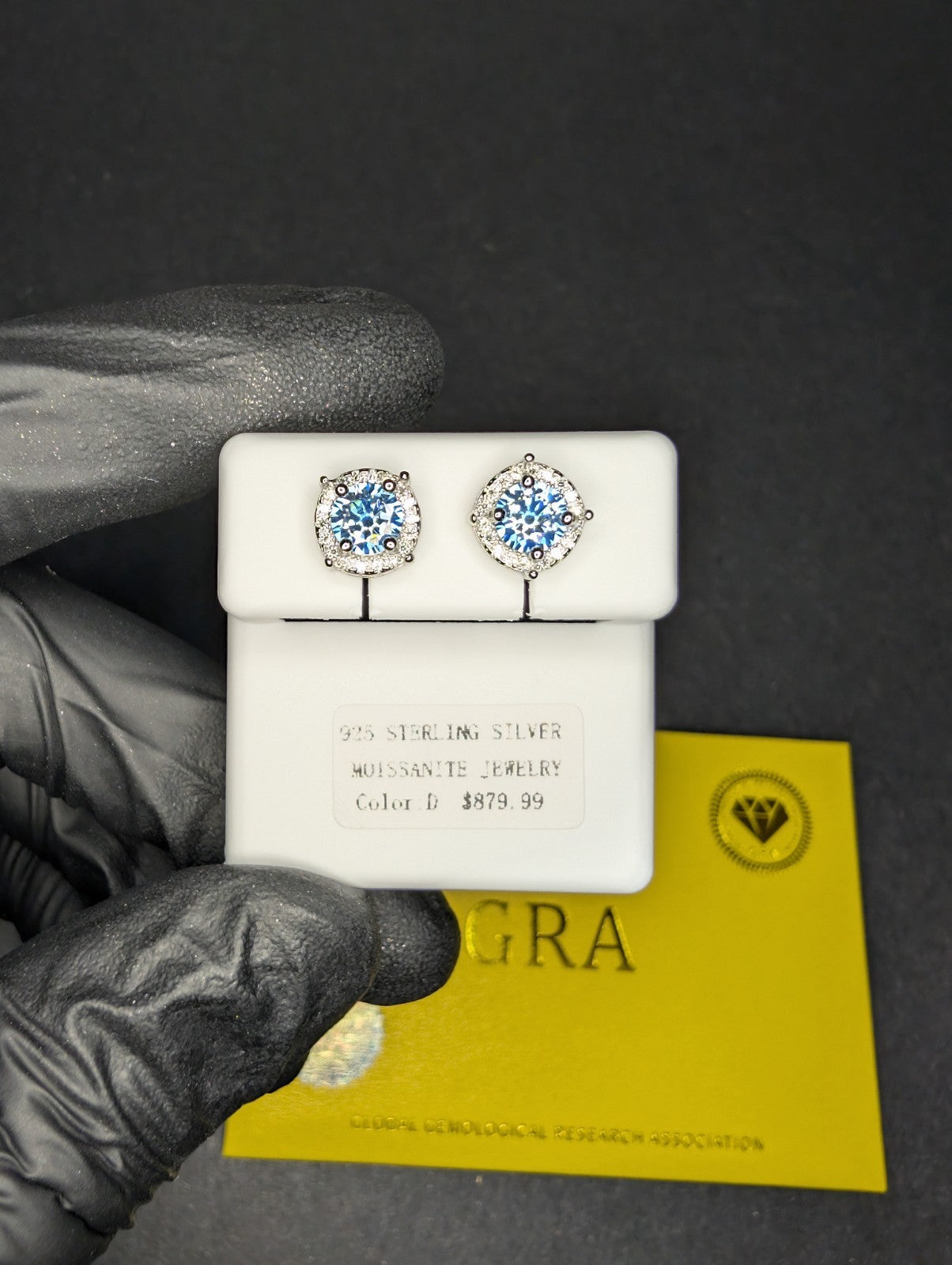 Solid 925 Sterling Silver GRA Certified Sky Blue Moissanite w/ Halo 7.8mm Studs