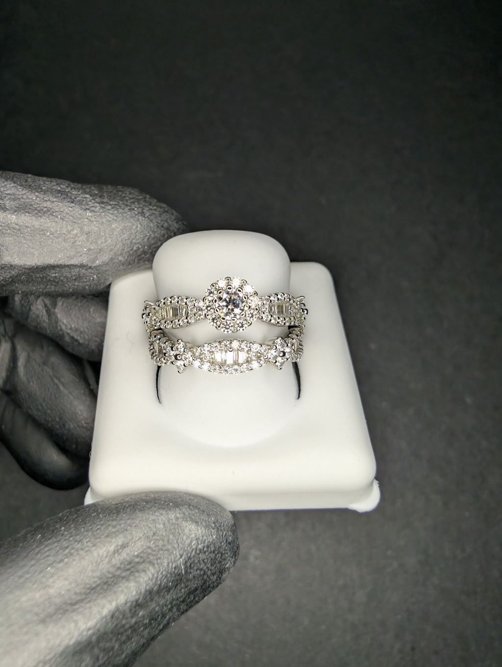 Solid 925 Sterling Silver Baguette and Round Cluster Moissanite Ring Set Size 6