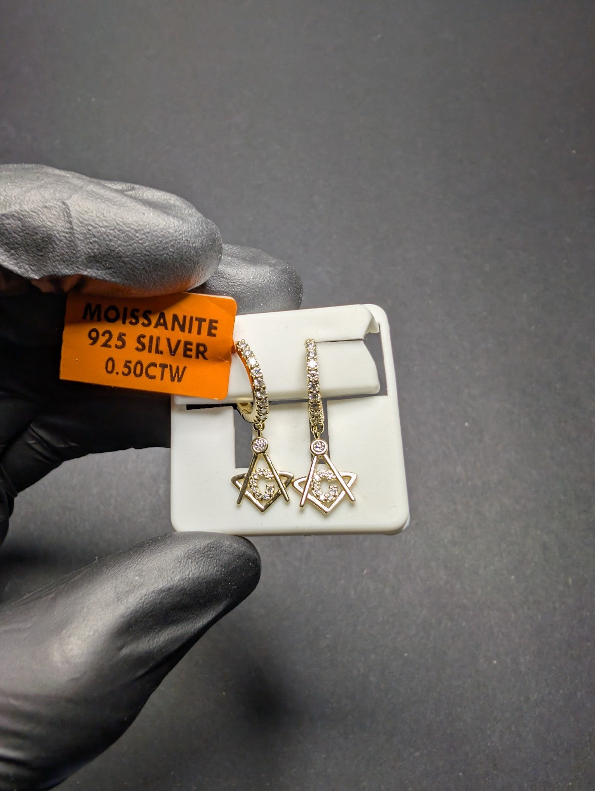 Gold over Solid 925 Silver Moissanite Masonic Dangle Hoop Earrings