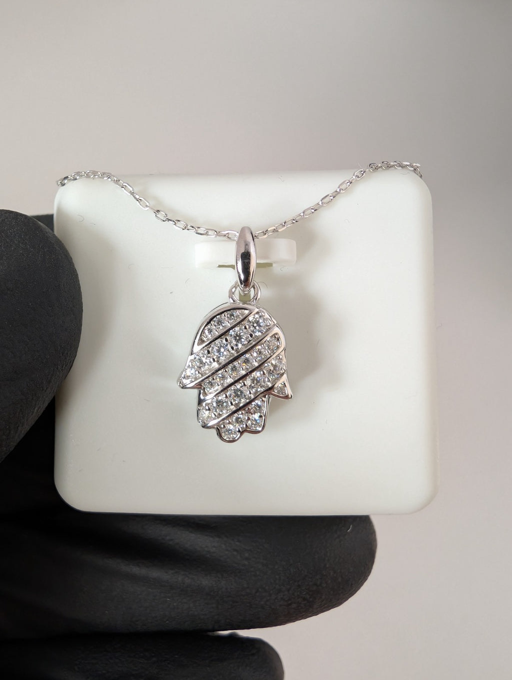 Solid 925 Sterling Silver Moissanite Hamsa Pendant and 16in-18in Anchor Necklace