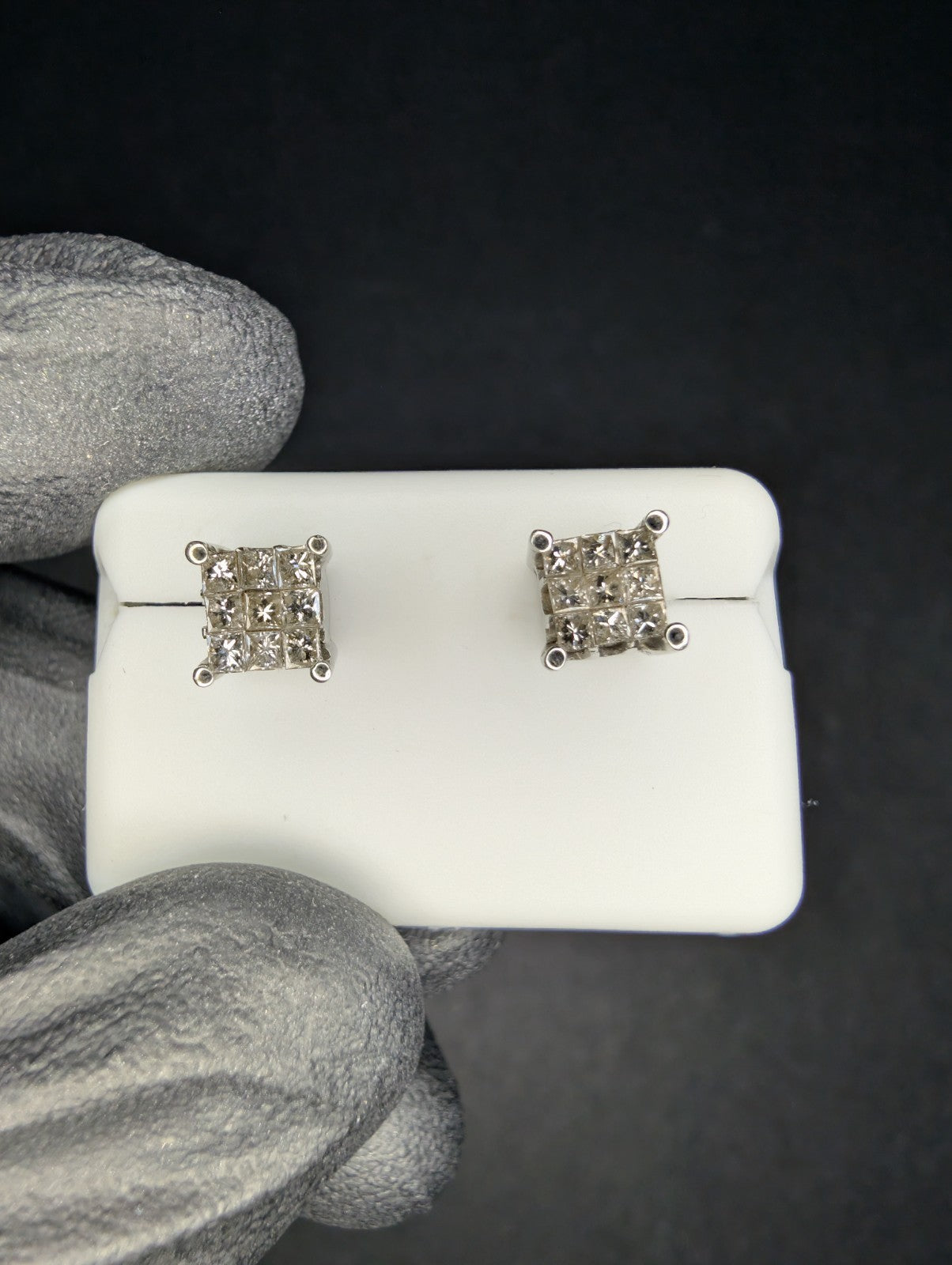Solid 14K White Gold 6.2mm Natural Princess Cut Diamond Cluster Stud Earrings