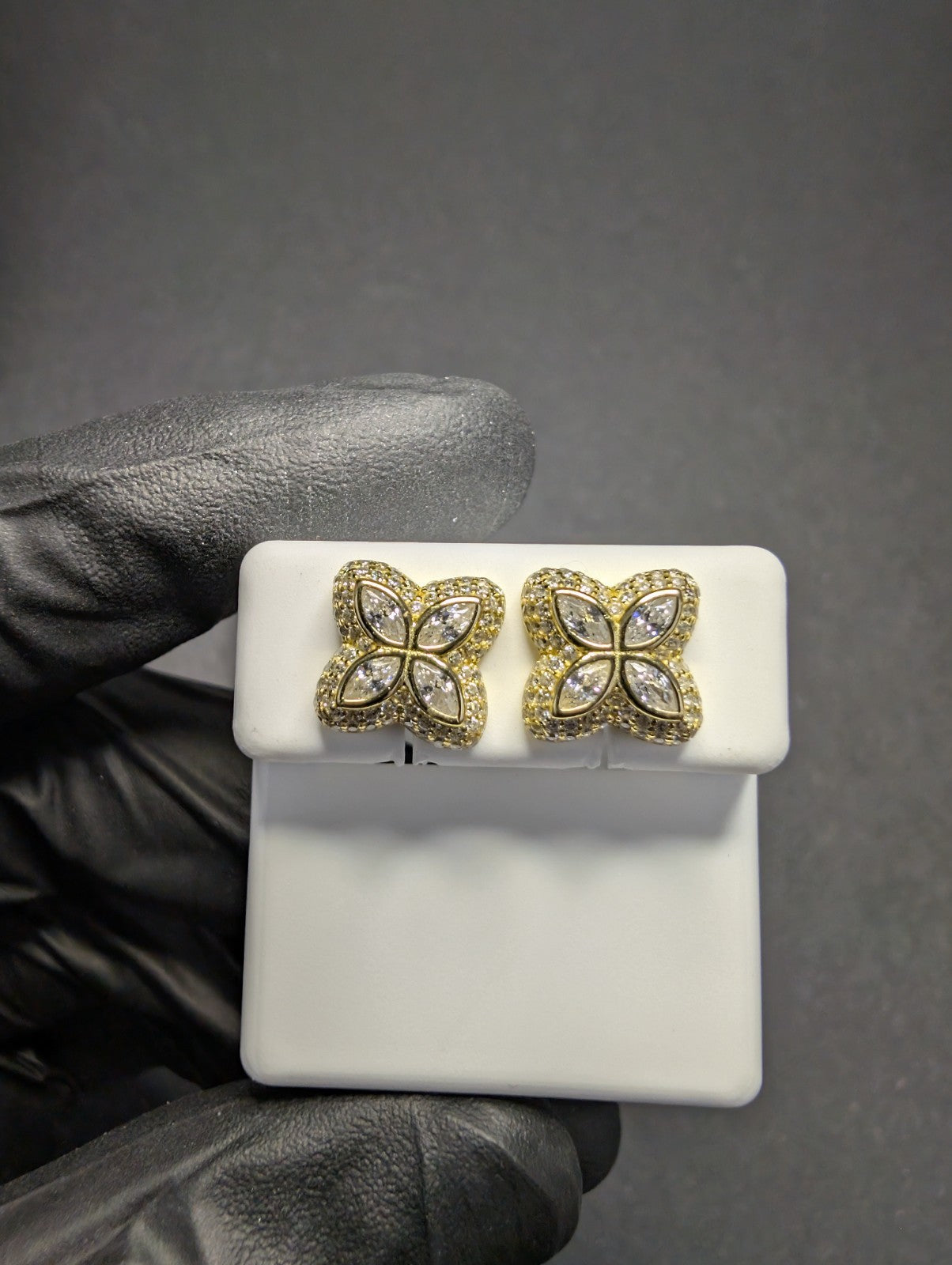 Gold over Solid 925 Sterling Silver Flower CZ Stone Stud Earrings