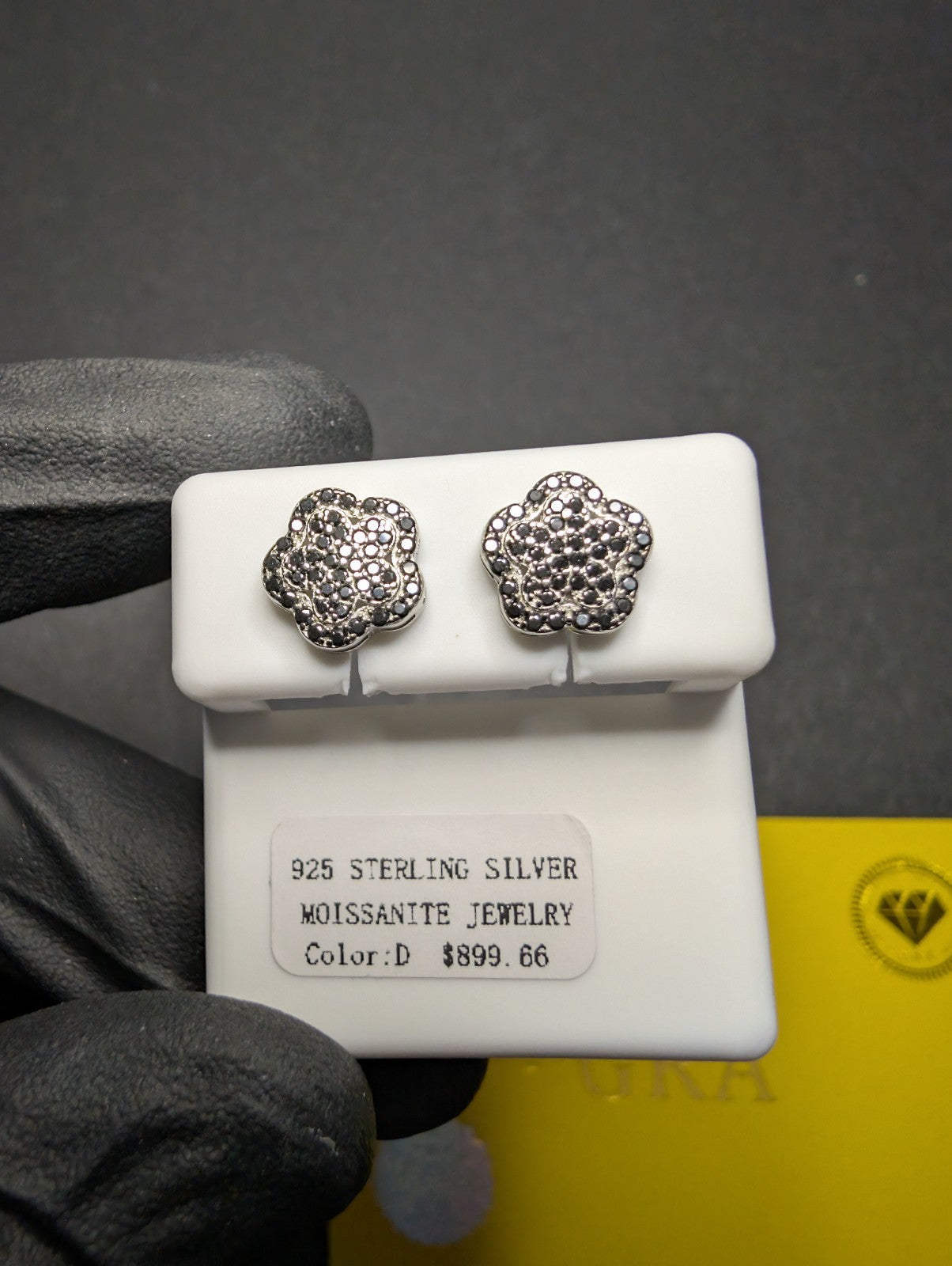 Solid 925 Sterling Silver GRA Certified Black Moissanite 9mm Flower Studs