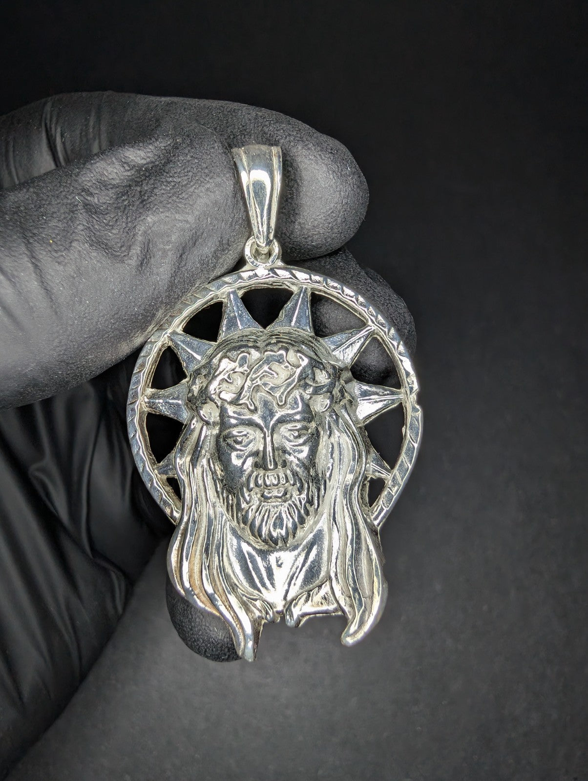 Solid 925 Sterling Silver Jesus Piece with Starburst Halo