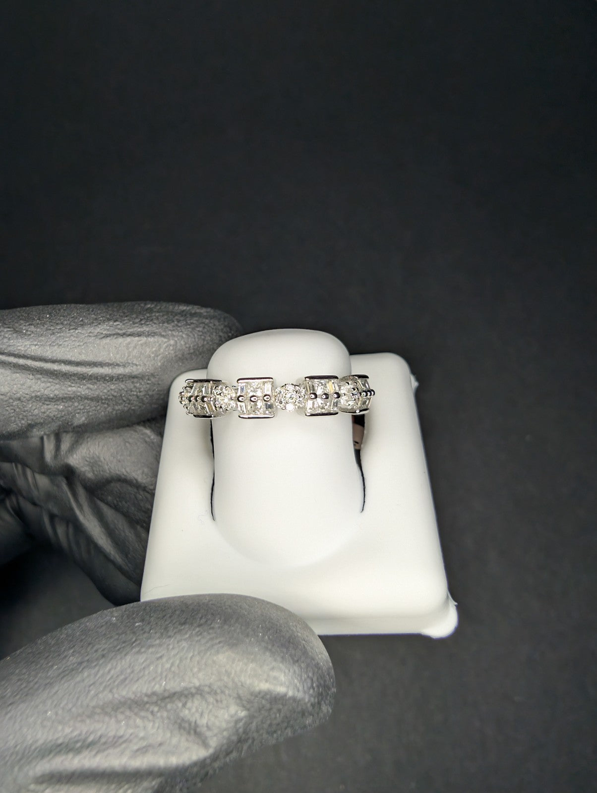Solid 925 Silver Baguette and Round Moissanite Alternating Clusters Ring Size 7