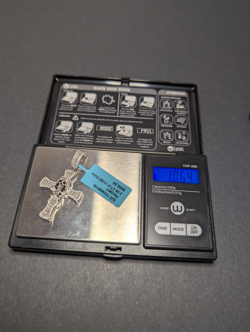 Solid 925 Silver VVS D Baguette and Round Moissanite Santa Muerte Cross Pendant
