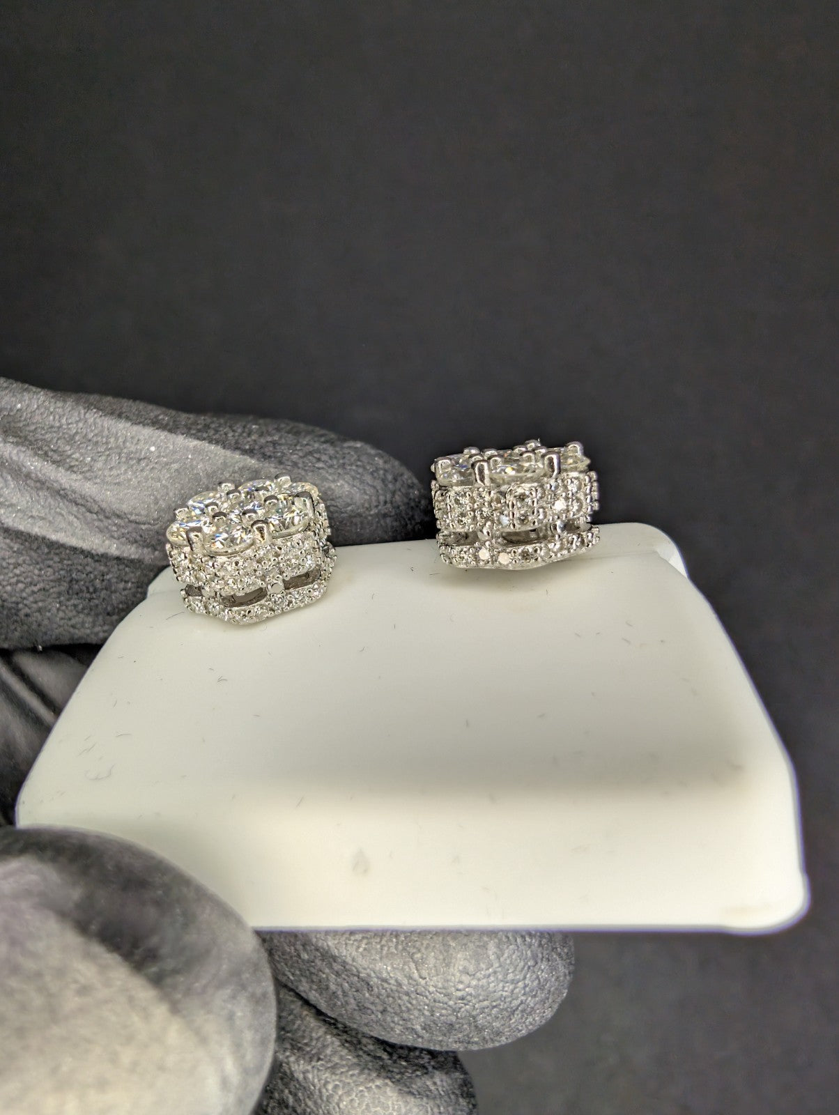 Solid 925 Sterling Silver VVS D Moissanite 8.9mm 3D Honeycomb Cluster Studs