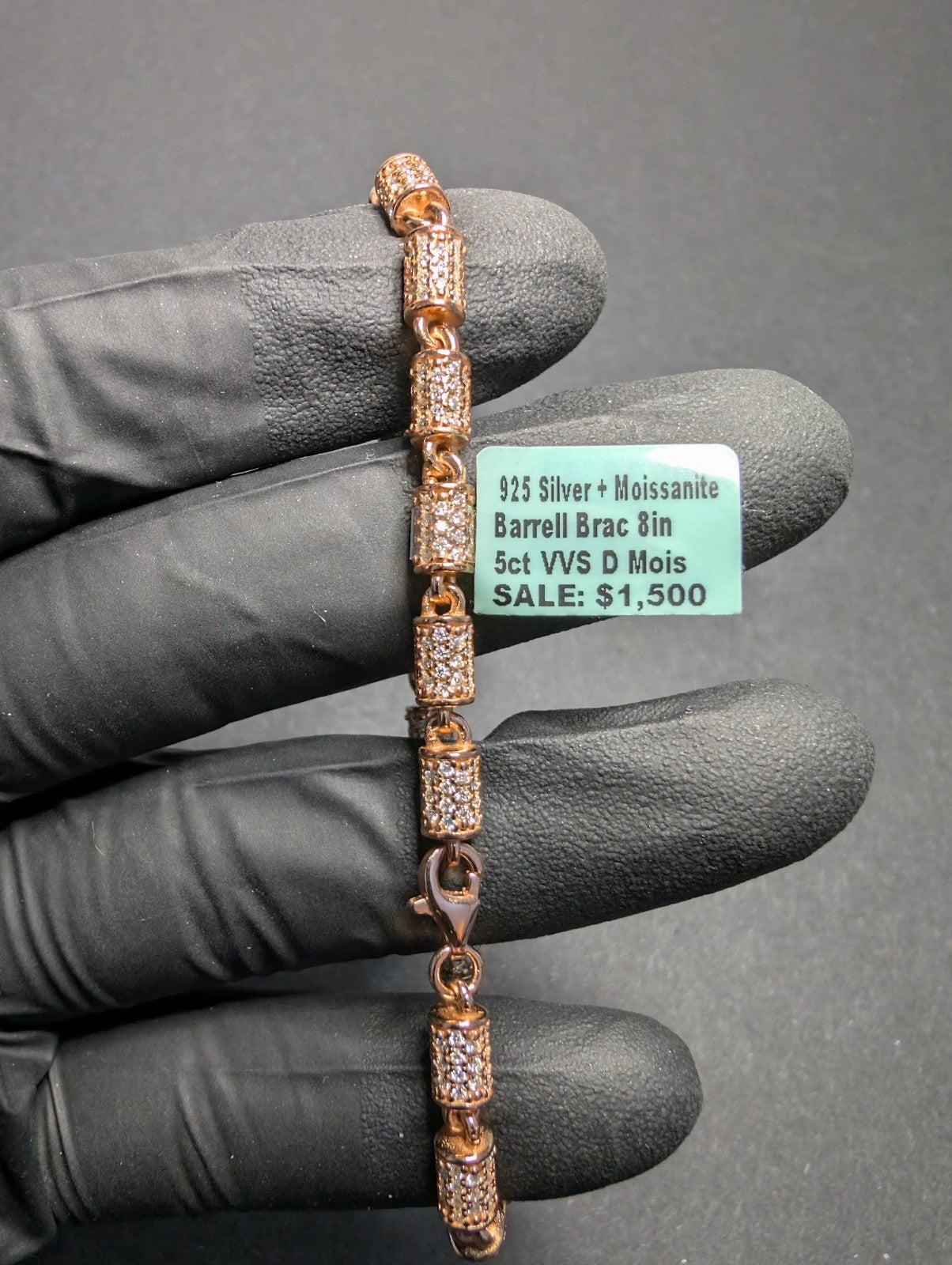 Rose Gold over Solid 925 Silver VVS D Moissanite 8" 4.8mm Barrel Bracelet