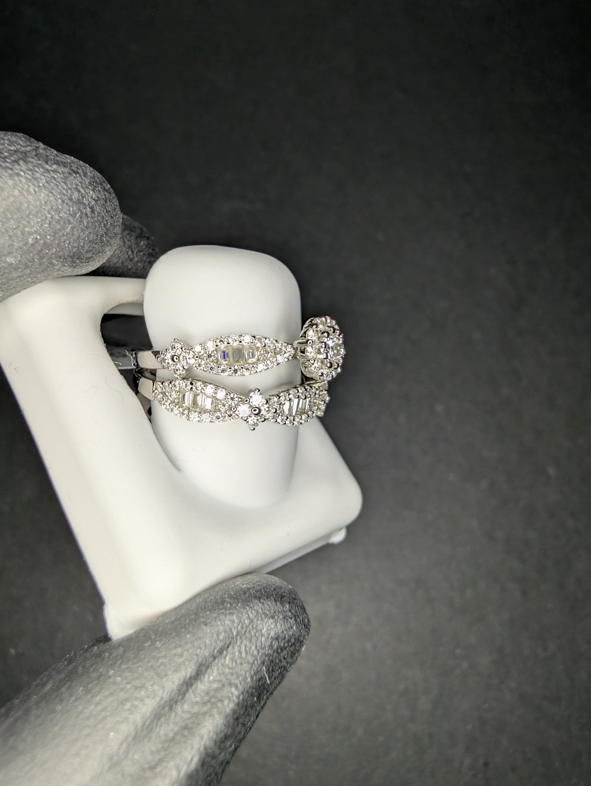 Solid 925 Sterling Silver Baguette and Round Cluster Moissanite Ring Set Size 6