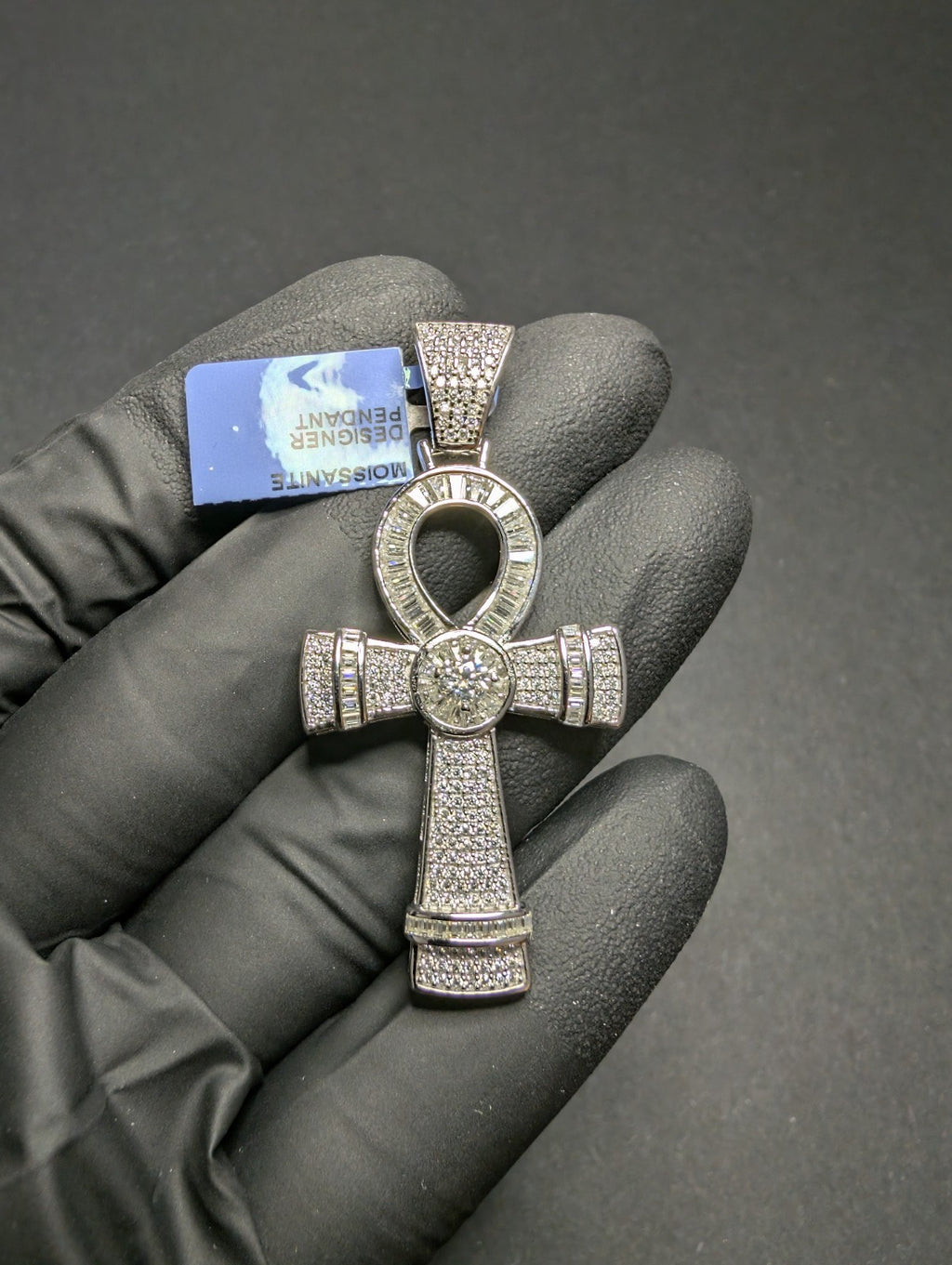 Solid 925 Silver Icy Baguette and Round Moissanite Ankh Egyptian Cross Pendant