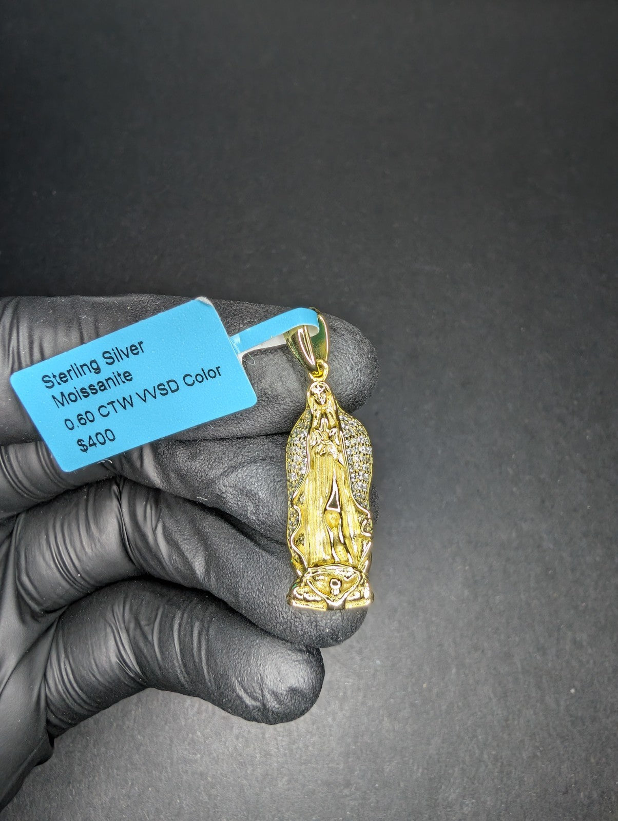 Gold over Solid 925 Silver VVS D Moissanite Virgin Mary Pendant