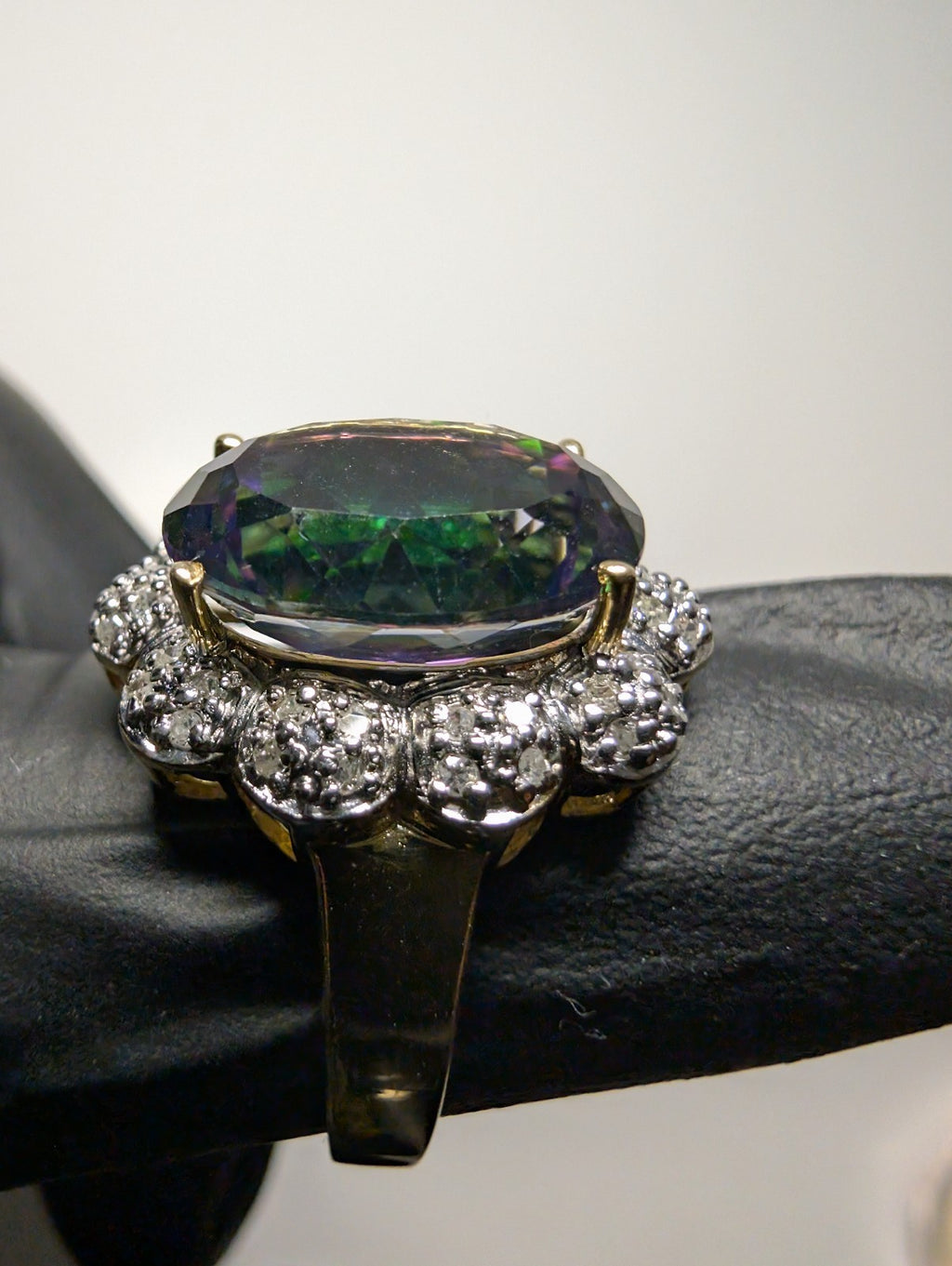 Solid 14k Yellow Gold 5ct Mystic Topaz with 3D Diamond Halo Ring Size 8.5