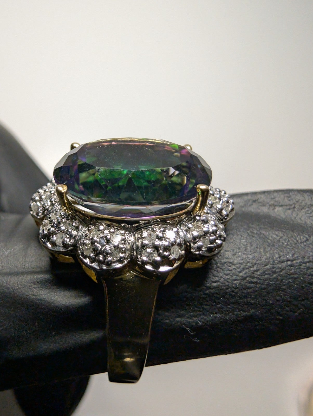Solid 14k Yellow Gold 5ct Mystic Topaz with 3D Diamond Halo Ring Size 8.5