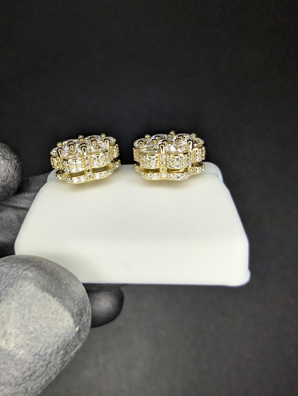 Gold Over Solid 925 Silver VVS D Moissanite 11.6mm 3D Honeycomb Cluster Studs