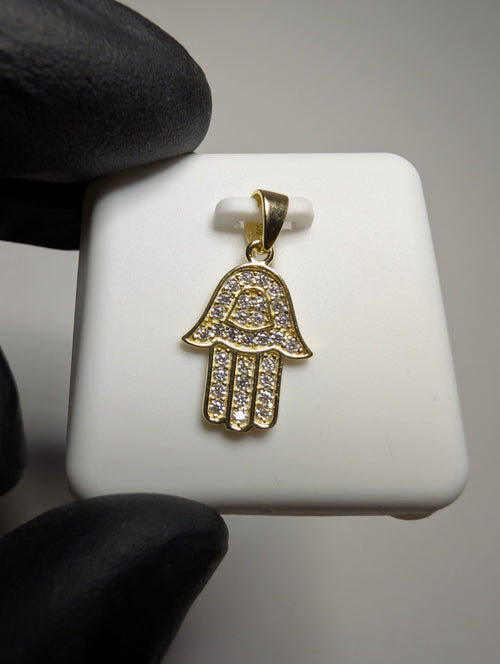 Gold over Solid 925 Sterling Silver Icy VVS D Color Moissanite Hamsa Pendant