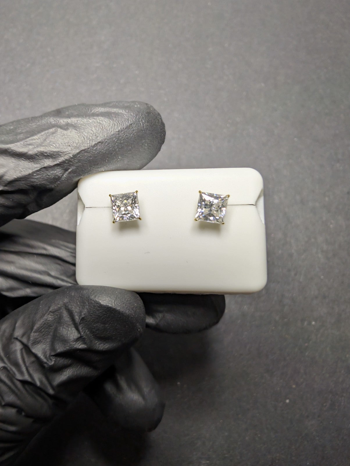 Solid 10K Yellow Gold VVS D 5.0mm Princess Cut Moissanite Solitaire Studs 1.5ctw
