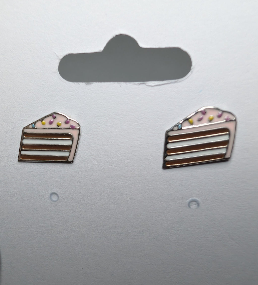 Solid 925 Sterling Silver 8.5mm x 10mm Piece of Cake Stud Earrings