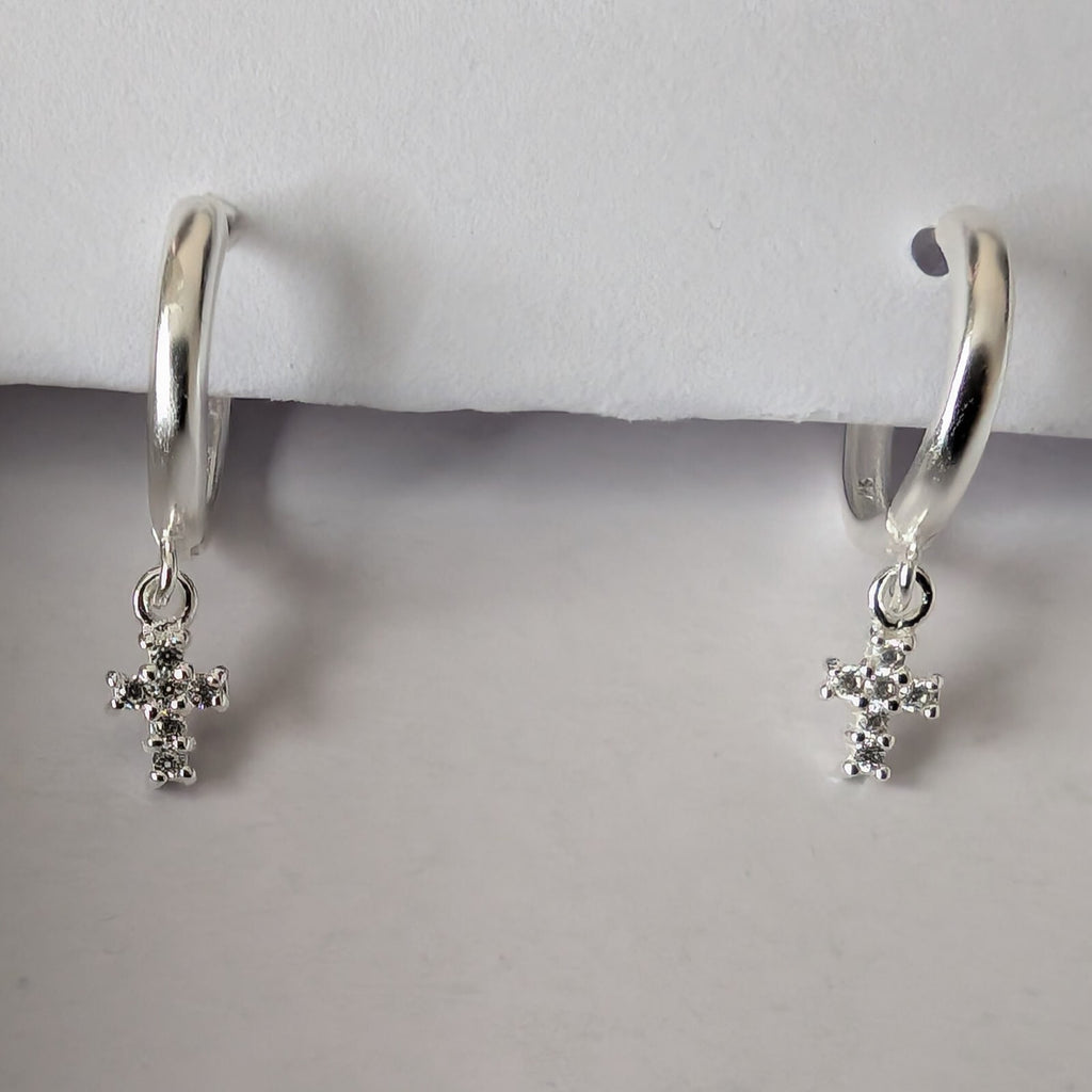 Solid 925 Sterling Silver Icy Huggie / Hoop Earrings with Dangle Cross