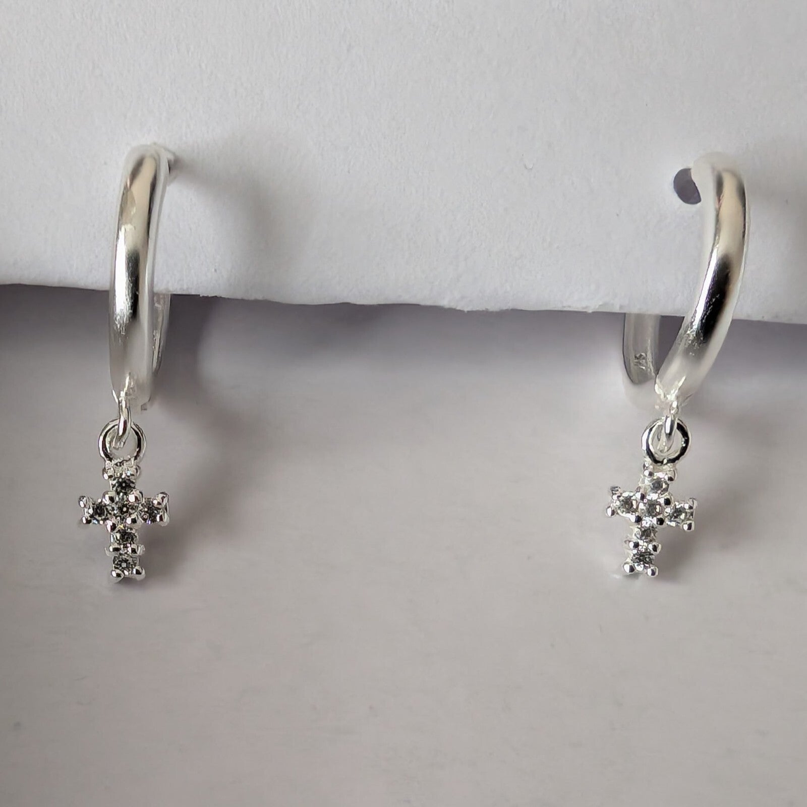 Solid 925 Sterling Silver Icy Huggie / Hoop Earrings with Dangle Cross