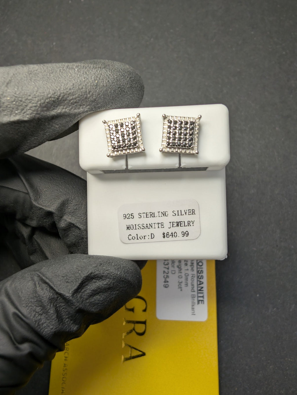 Solid 925 Silver GRA Certified Black Moissanite 8.3mm Square Cluster Studs