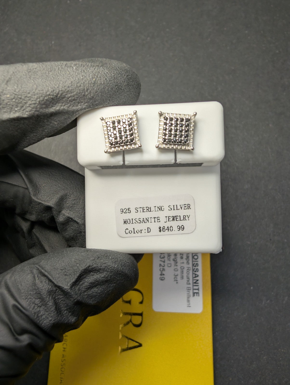 Solid 925 Silver GRA Certified Black Moissanite 8.3mm Square Cluster Studs