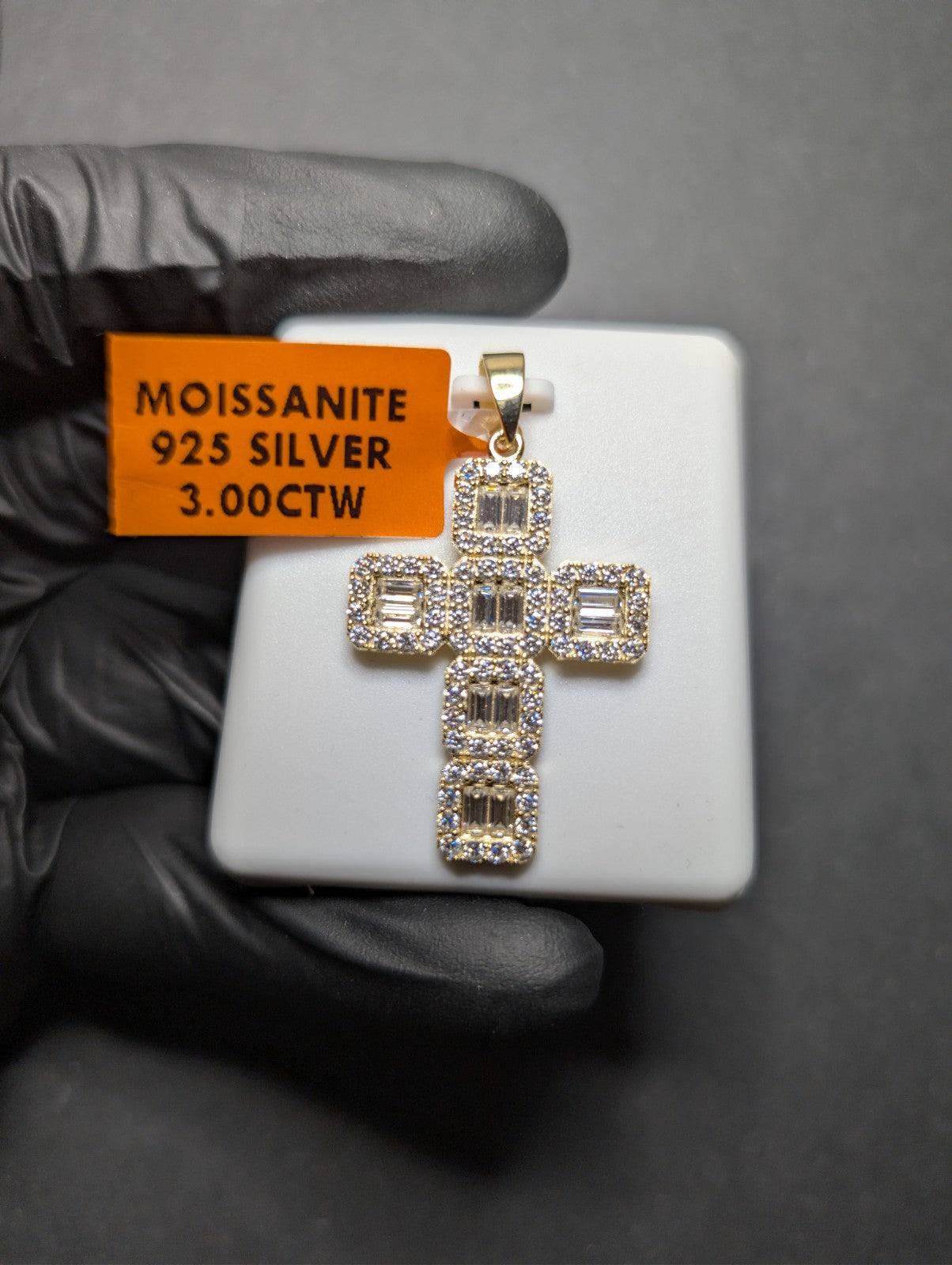 Gold over 925 Sterling Silver VVS D Baguette Moissanite Cluster Cross Pendant