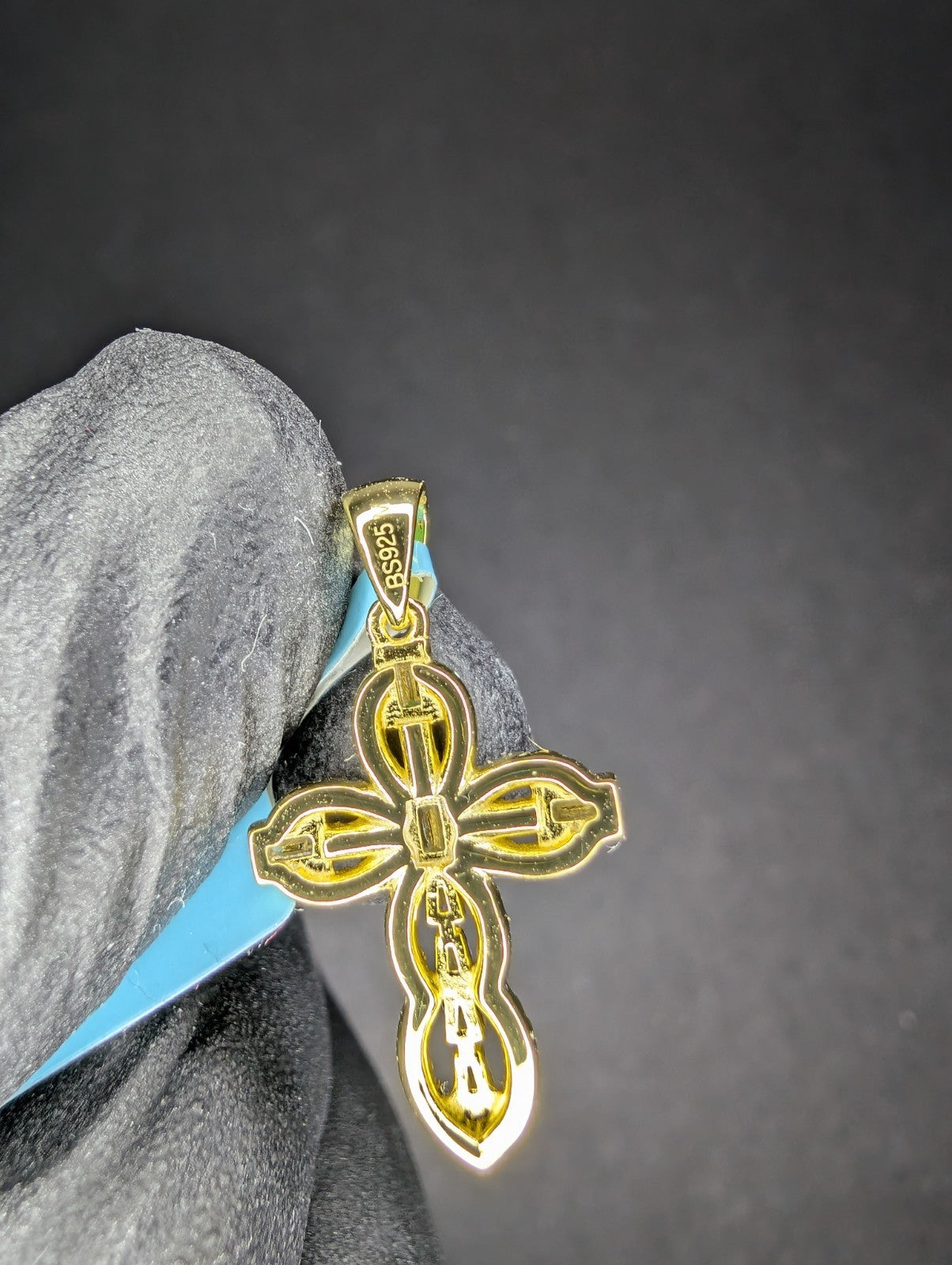 Gold over Solid 925 Silver VVS D Baguette and Round Moissanite Cross Pendant