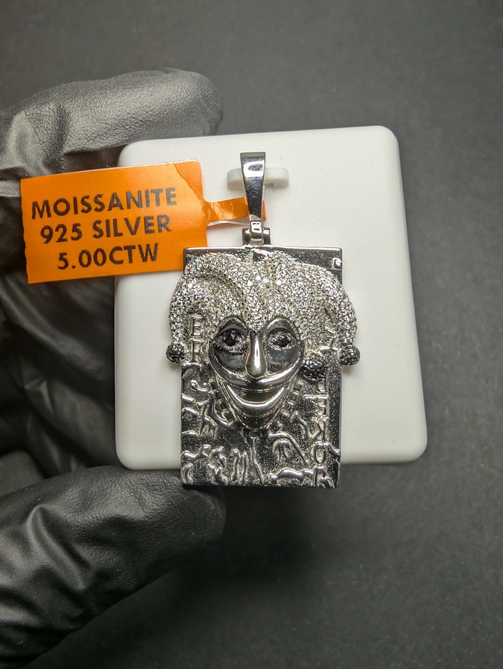 Solid 925 Sterling Silver Black and White Moissanite Joker Card Pendant