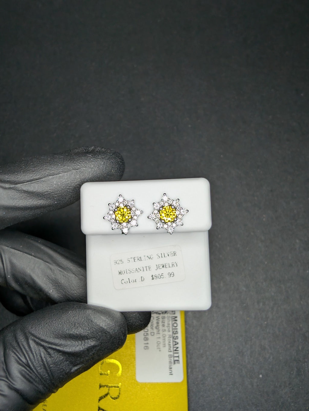 Solid 925 Sterling Silver GRA Certified Lemon Yellow Moissanite Sun Burst Studs