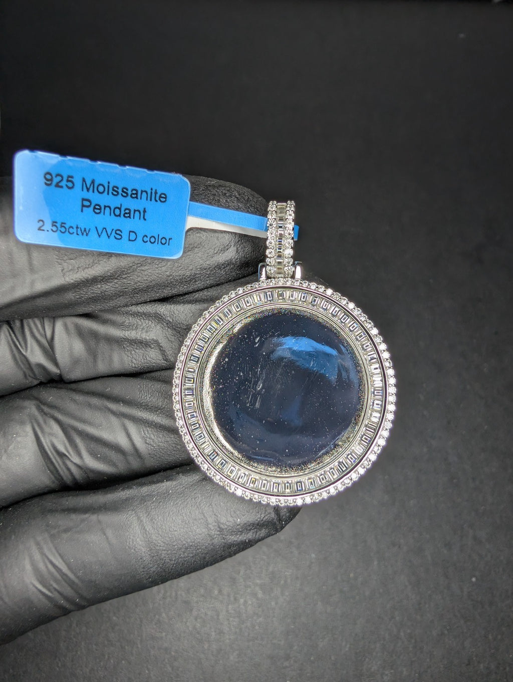 Solid 925 Silver Silver VVS D Baguette and Round Moissanite Picture Pendant