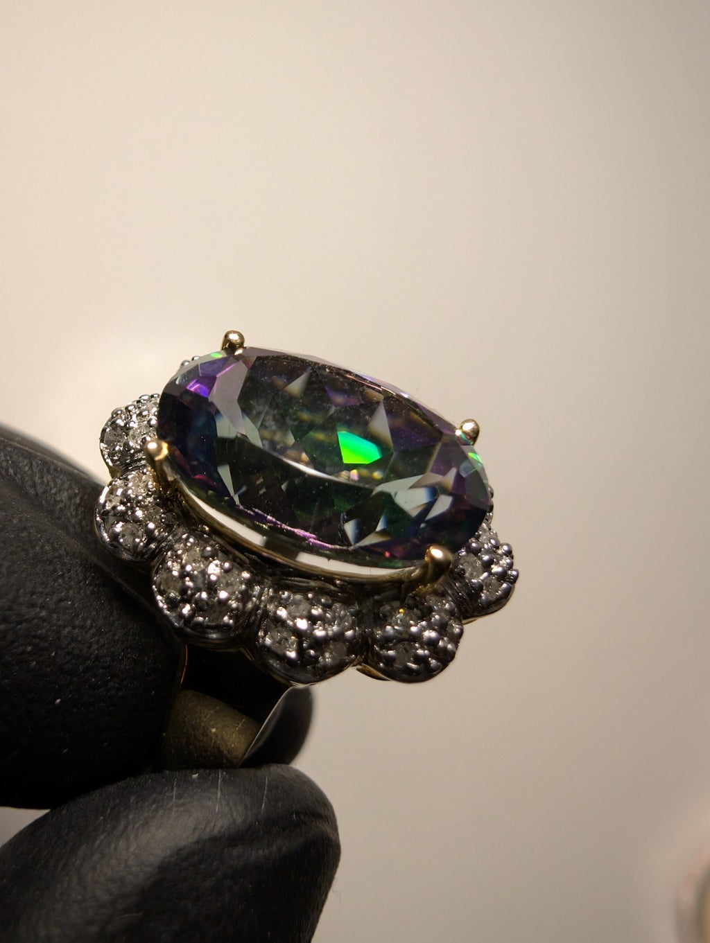 Solid 14k Yellow Gold 5ct Mystic Topaz with 3D Diamond Halo Ring Size 8.5