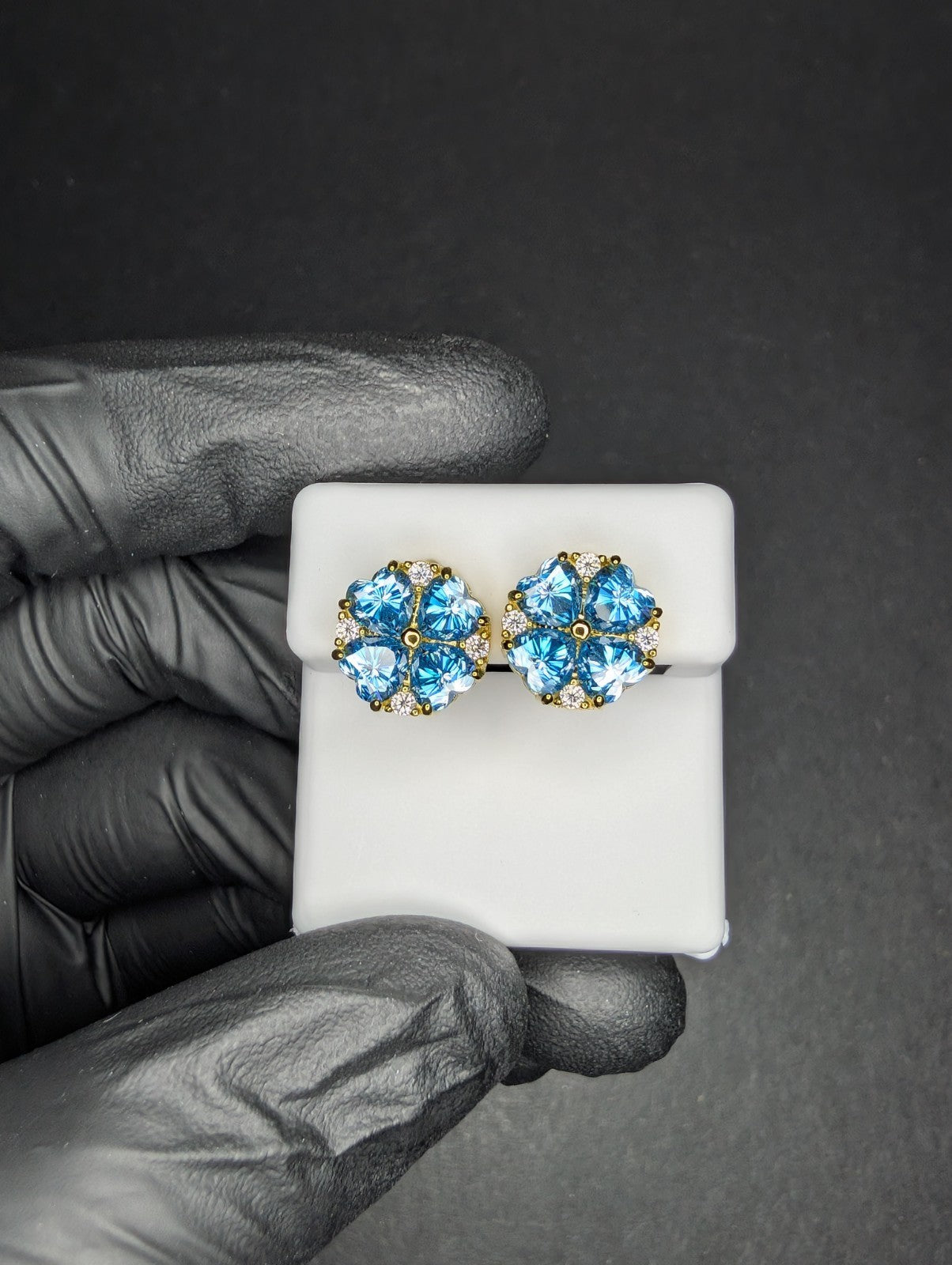 Gold over Solid 925 Silver Heart Shaped Blue and White Moissanite Cluster Studs