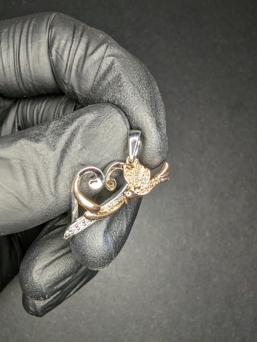 Vintage Solid 10k Rose and White Gold Heart and Dove Pendant w/ Natural Diamonds