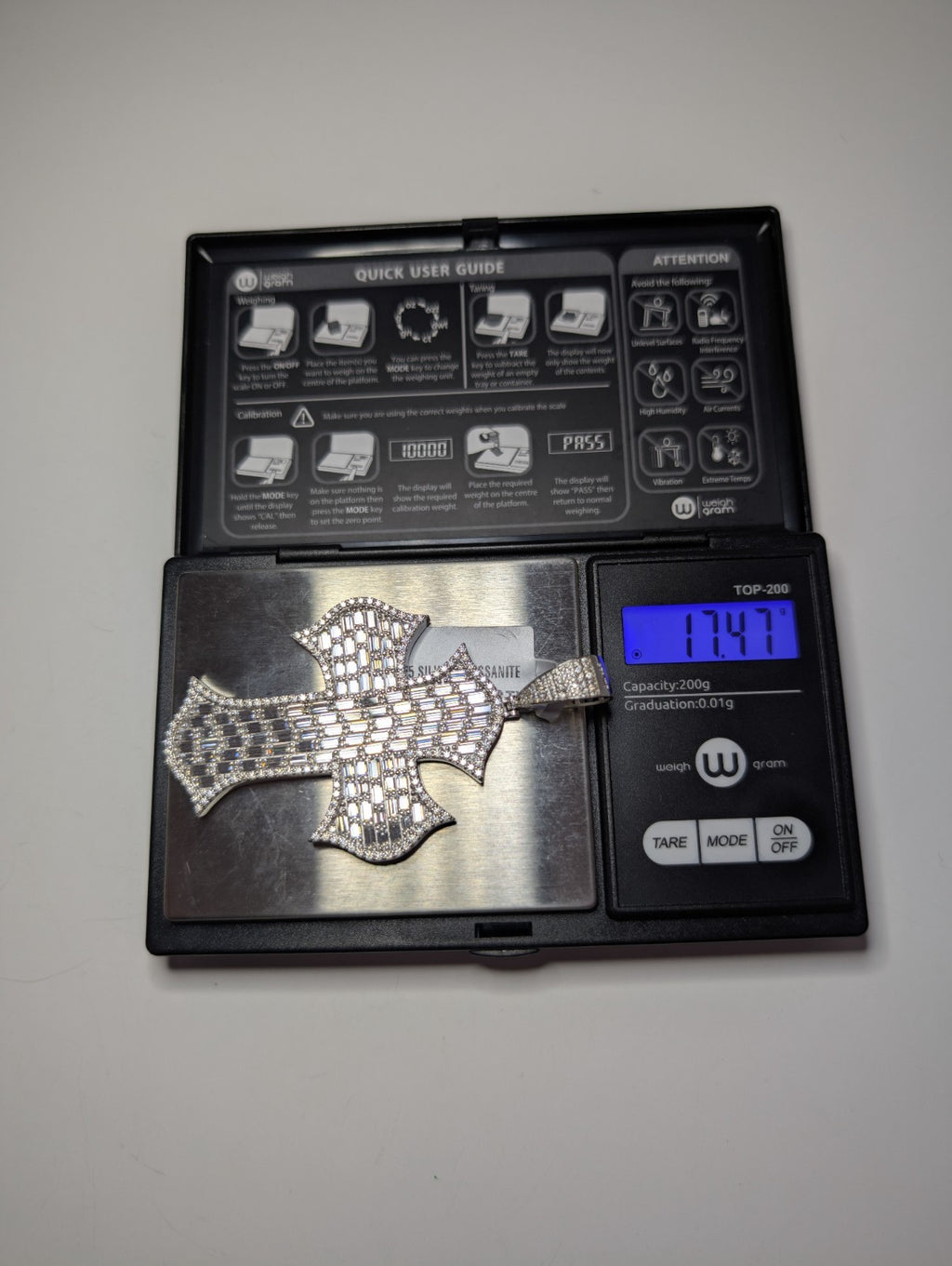 Solid 925 Silver VVS D Huge Iced Out Baguette and Round Moissanite Cross Pendant