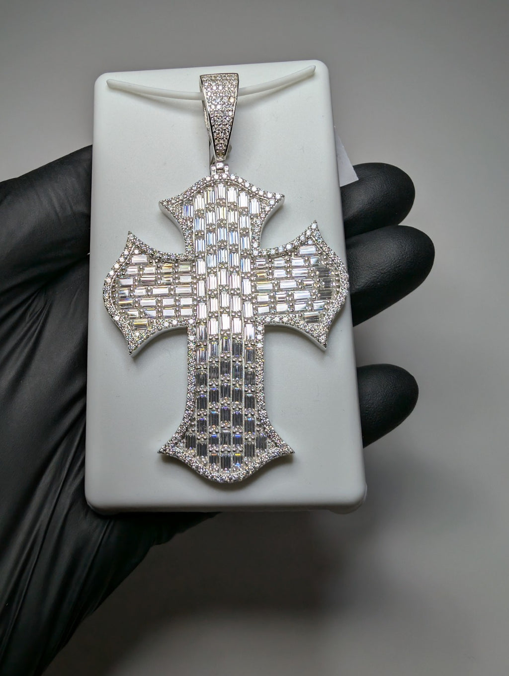 Solid 925 Silver VVS D Huge Iced Out Baguette and Round Moissanite Cross Pendant