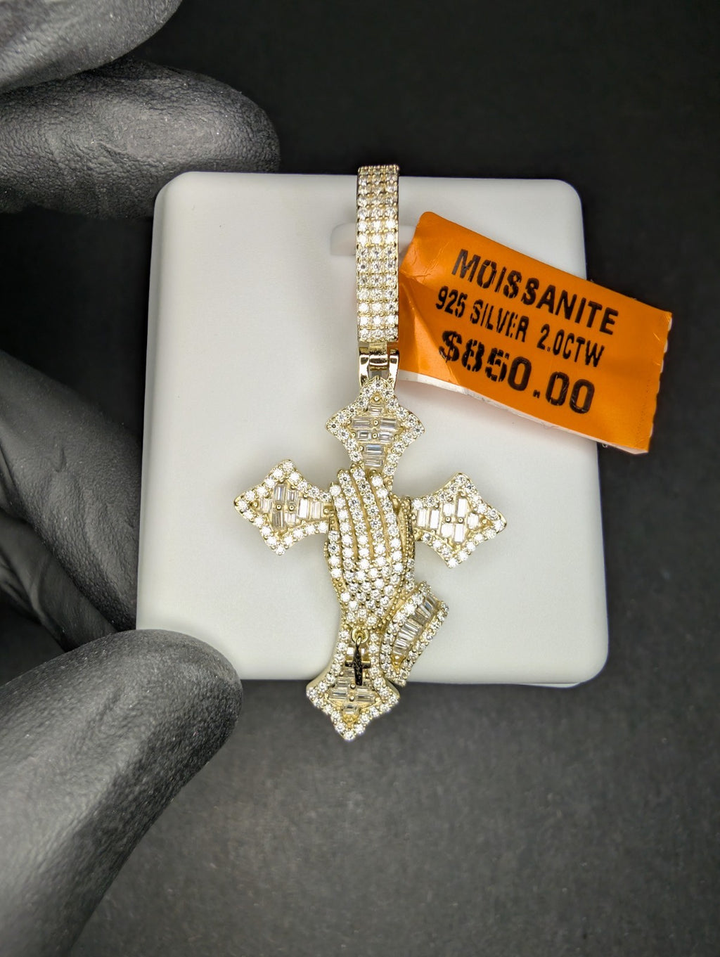 Gold over 925 Sterling Silver VVS D Moissanite Prayer Hands Cross Pendant